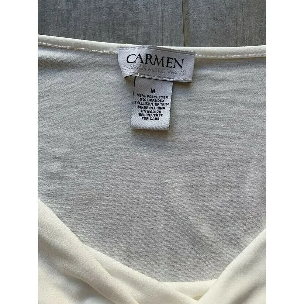 $225 CARMEN MARC VALVO White 3/4 Sleeve Slinky Blouse Tunic Gold Zipper Detail M - Picture 8 of 8